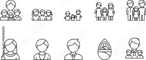 Collection of family icons illustration, diverse people vector set, parent child figures artwork, demographic design symbols, social services interface graphics