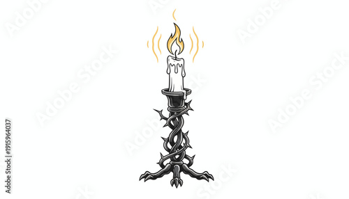 Mysterious Candle in Thorny Candlestick with Flickering Flame
