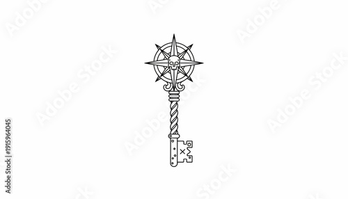 Mysterious Key with Skull Compass Rose Emblem, Symbol of Adventure and Secrets
