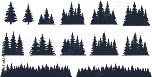 Collection of conifer tree silhouettes in varied groupings, forest density patterns, black nature wildlife vector illustration design set