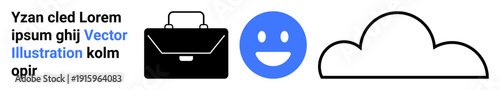 Business, communication, online services, emotions, cloud storage, digital tools. Black briefcase, blue happy face cloud symbol in minimalist design. Business and communication concept