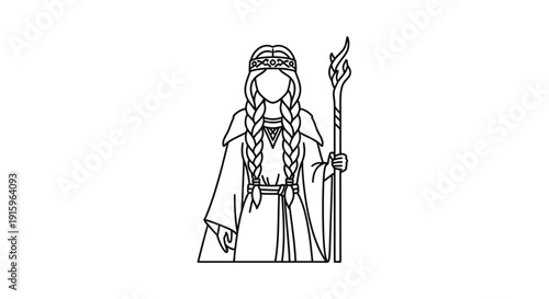 Mystical Woman with Staff and Braids, Fantasy Character Line Art