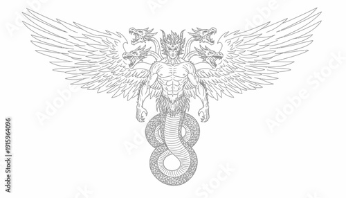 Mythical Serpent-Bodied Creature with Multiple Heads and Wings