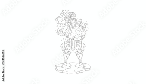 Mythological Warrior Holding Orb, Fantasy Line Art Illustration