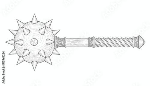 Medieval Mace Weapon Illustration - Spiked Ball on Wooden Handle