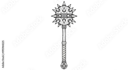 Medieval Spiked Mace Weapon - Black and White Line Art Illustration