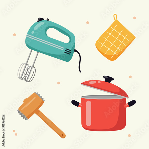 Kitchen Utensils Including Hand Mixer Pot and Meat Mallet.