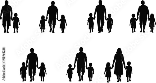 Collection of family silhouettes illustration, adults children walking vector set, parent child figures artwork, social demographic design, guardianship icon graphics