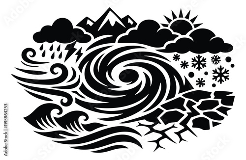 Graphic natural phenomena and weather icons set featuring a hurricane, rain, snow, sun, mountains, waves, and drought for environmental themes and natural disasters