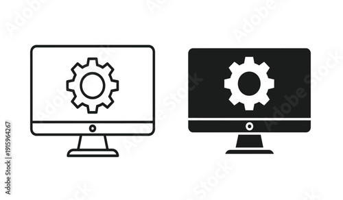 Two computer monitors with gear icons on screens in black and white