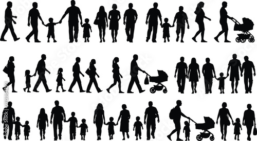 Collection of family silhouettes illustration, diverse people vector set, parent child figures artwork, everyday activity design, social interaction icon graphics