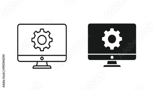Computer monitor icons with gear symbol on screen for settings and maintenance concepts