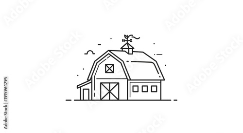 Minimalist Barn Icon Line Art: Rustic Farm Building with Weather Vane on White Background