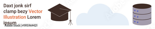 Education, data storage, cloud technology, e-learning, digital libraries, online databases. Graduation cap, cloud and server icons. Education and data storage solutions concept