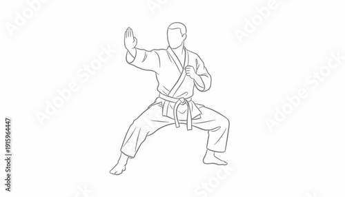 Karateka in a defensive stance, black belt, martial arts training, line art