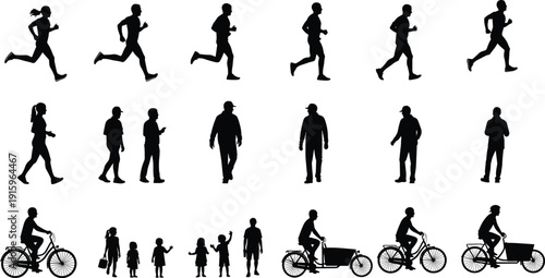 Collection of human silhouettes illustration, diverse people vector set, running walking cycling artwork, everyday lifestyle design, social interaction graphics