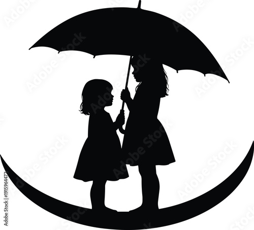 Silhouette of two little girls holding an umbrella while standing on a crescent moon, representing childhood dreams, friendship, protection, innocence, and magical bedtime stories