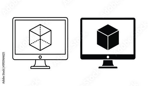 Two computer monitors displaying 3d cube graphics on screens