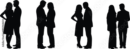 Collection of people silhouettes illustration, pairs of figures vector design, human interaction artwork, social communication icon set, black white graphics