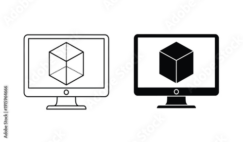 Two computer monitors displaying 3d cube graphics on screens