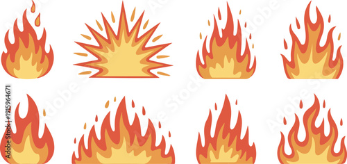 Realistic Burning Fire Flames and Sparks Vector Set on Transparent Background