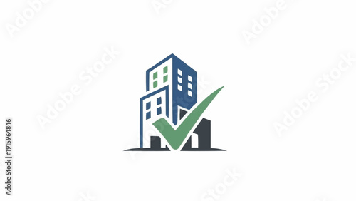 Green checkmark on a building.