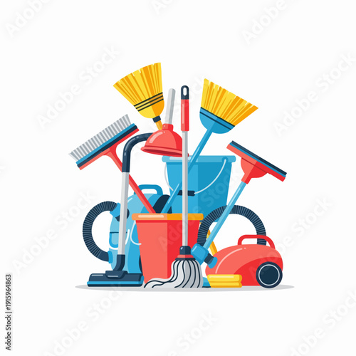 Collection of cleaning supplies and tools for home hygiene.