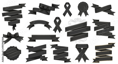 Collection of Black Ribbons and Banners for Mourning, Memorial, and Design Elements