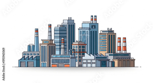 Modern industrial factory buildings complex illustration.