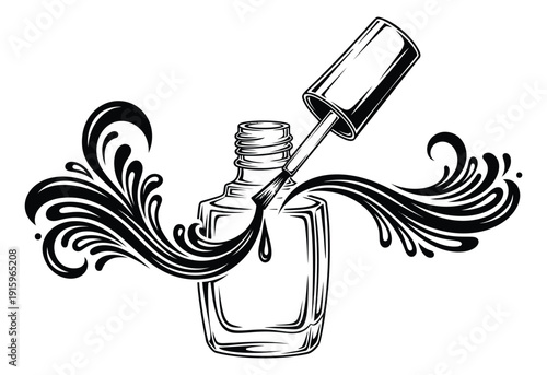 Hand drawn line art illustration of a nail polish bottle and brush depicting decorative swirls for beauty and cosmetic branding