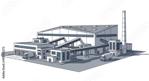 Modern industrial factory building with loading docks and chimney.