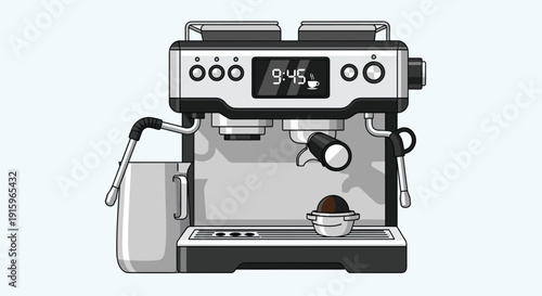 A detailed illustration of a modern espresso machine with a milk frother and a portafilter filled with ground coffee.