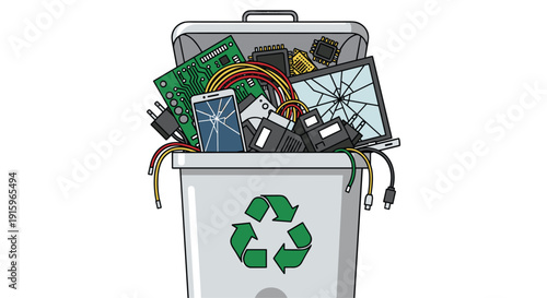 A grey recycling bin with a green symbol is overflowing with assorted electronic waste like circuit boards, broken phones, and wires.