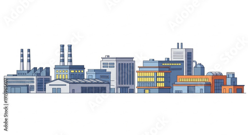 Modern industrial factory buildings and office structures in a row.