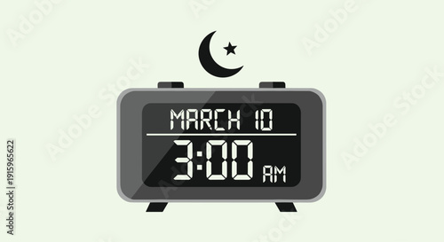 A digital alarm clock shows March 10 and 3:00 AM, with a crescent moon and star symbolizing Ramadan.
