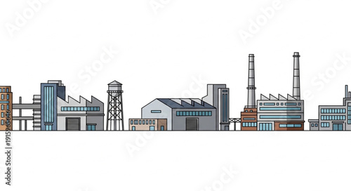 Modern industrial factory buildings and structures illustration.
