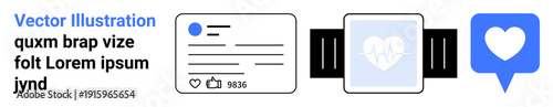 Social media behavior, digital communication, health tracking, wearable technology, user interaction, online engagement. Icons of a social post, smartwatch and heart notification. Social media