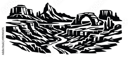 Graphic illustration of a desert landscape depicting majestic rock formations and a natural arch for outdoor adventure