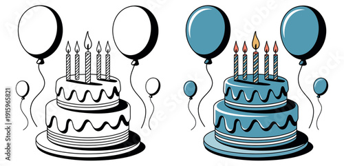 Two layered birthday cakes with lit candles stand next to blue balloons in line art and color.