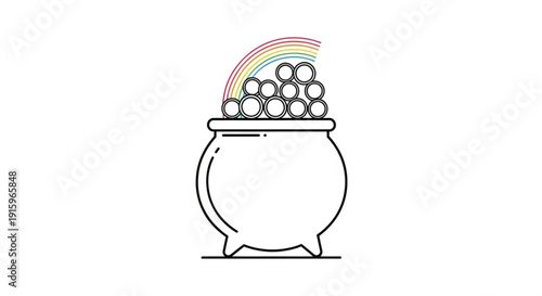 Golden coins spilling from cauldron under colorful rainbow symbolizing luck and wealth