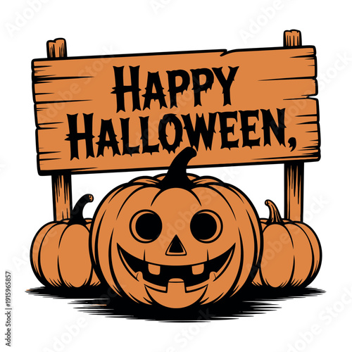 Jack-o-lantern pumpkins sit beneath a wooden sign wishing everyone a Happy Halloween greeting.