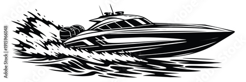 Graphic illustration of a powerboat depicting speeding through water for marine adventure concepts