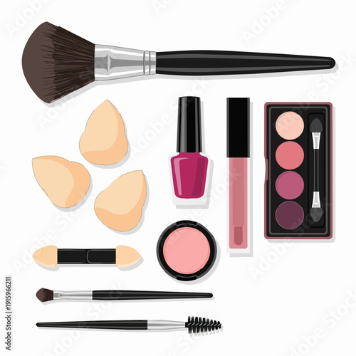 Collection of makeup products and tools for beauty application.