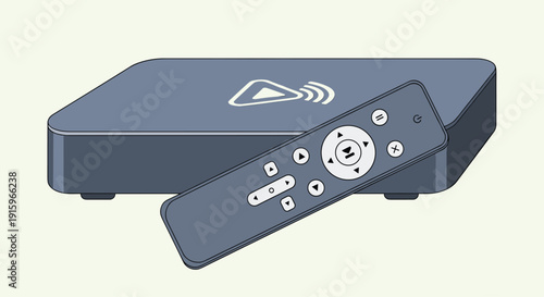 A gray media player set-top box is placed next to its remote control on a light green background.