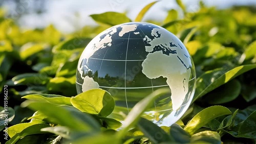 Glass globe in green leaves