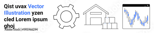 Gear for settings, warehouse with storage boxes, and a trading chart represent workflow, logistics, management, analysis, and supply chain. Ideal for business, technology logistics workflow data