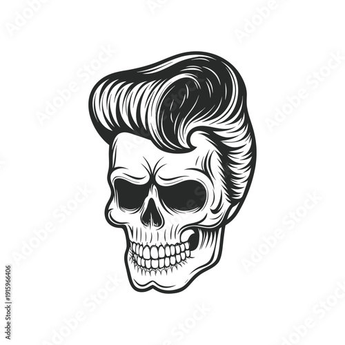 Black and white rockabilly skull illustration with pompadour hairstyle, retro hairstyle hand drawn vector art