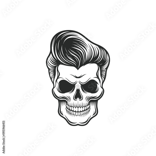 Black and white rockabilly skull illustration with pompadour hairstyle, retro hairstyle hand drawn vector art