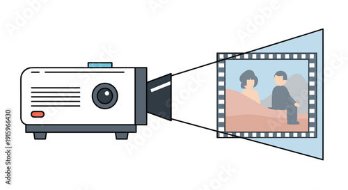 A white video projector casting an image of two people onto a film strip frame, symbolizing entertainment, on a white background.