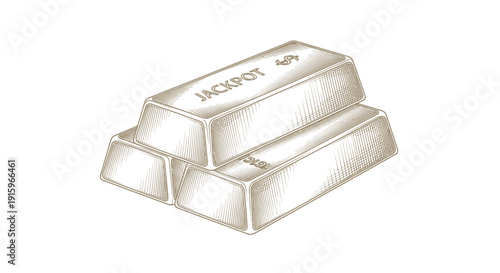Gold Bars Stacked, Jackpot Symbol, Vintage Engraving Style